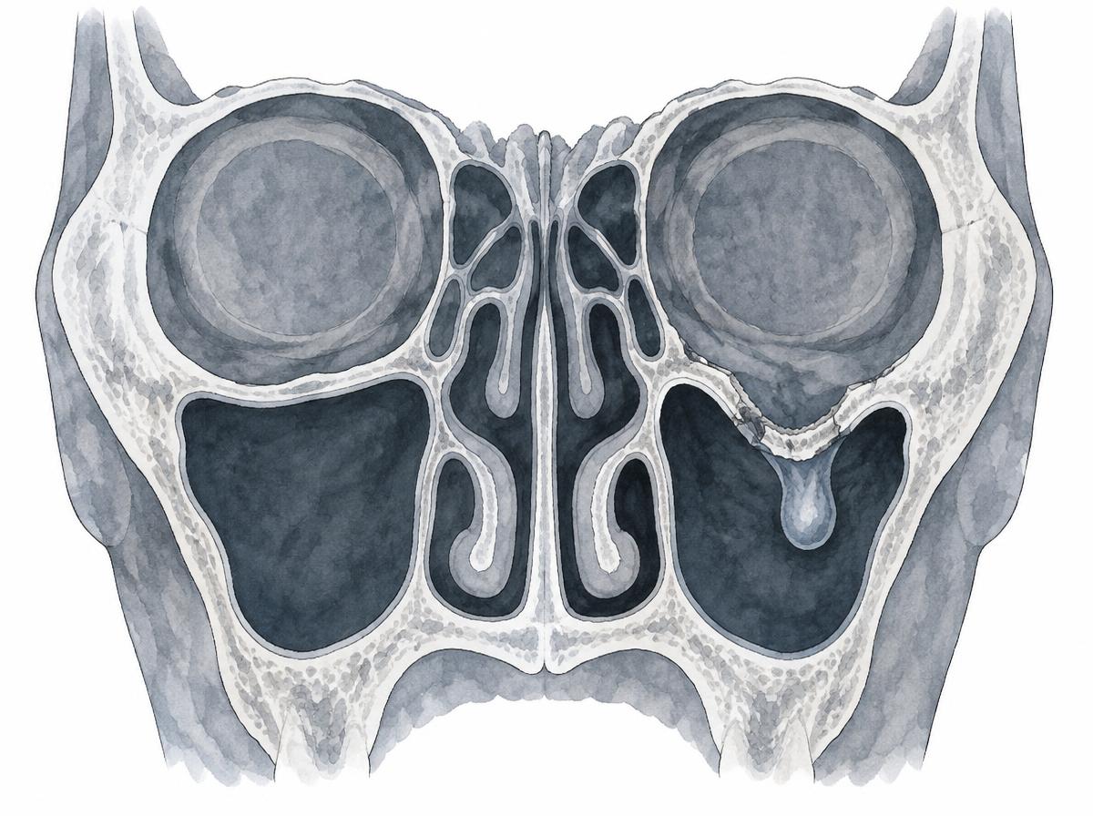 Zeichnung im Stil eines CT-Schnitts mit eingebrochenem Augenhöhlenboden und hängendem Weichgewebe in der Kieferhöhle