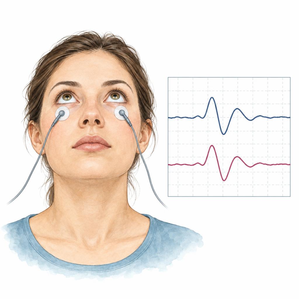 Farbige Zeichnung einer oVEMP-Untersuchung: Patientin mit Blick nach oben, kleine Elektroden unter beiden Augen, daneben zwei Messkurven auf einem Raster