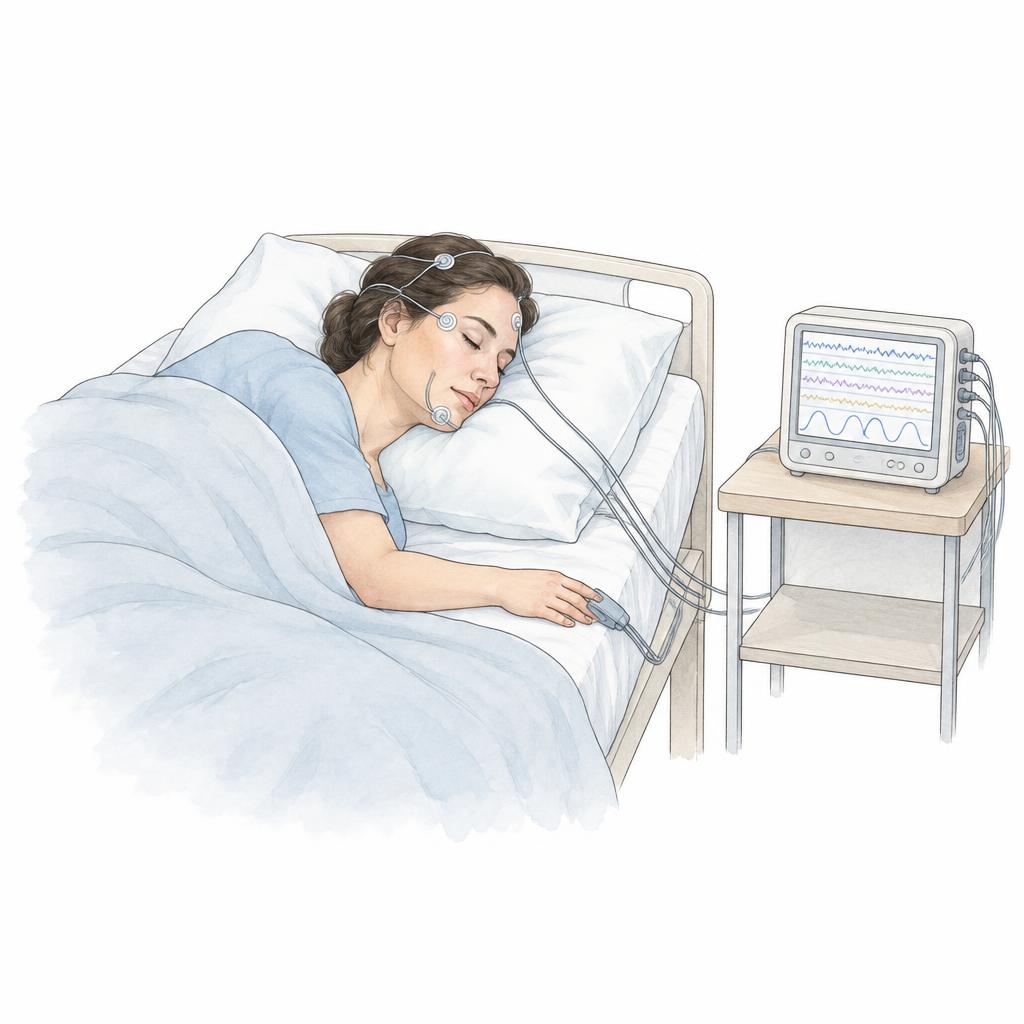 Zeichnung: schlafende Patientin im Bett mit kleinen Elektroden an Kopf, Stirn und Kinn sowie einem Sensor am Finger; feine Kabel führen zu einem Messgerät mit mehreren Messkurven auf dem Bildschirm
