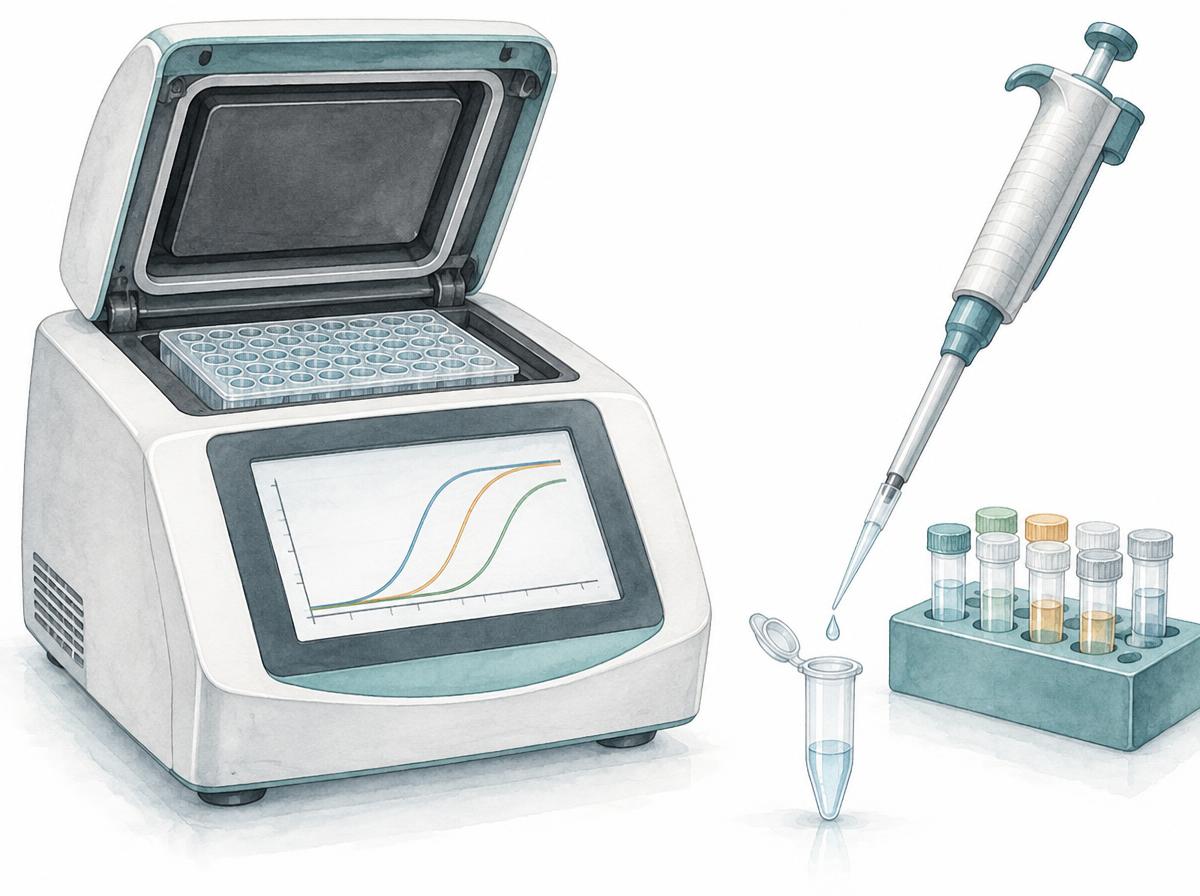 イラスト：検査室でのリアルタイムPCR（qPCR） — 蓋を開けたサーマルサイクラーと96ウェルプレート、反応容器の上にあるマイクロピペット、試験管入りの検体ラック、ディスプレイ上の増幅曲線