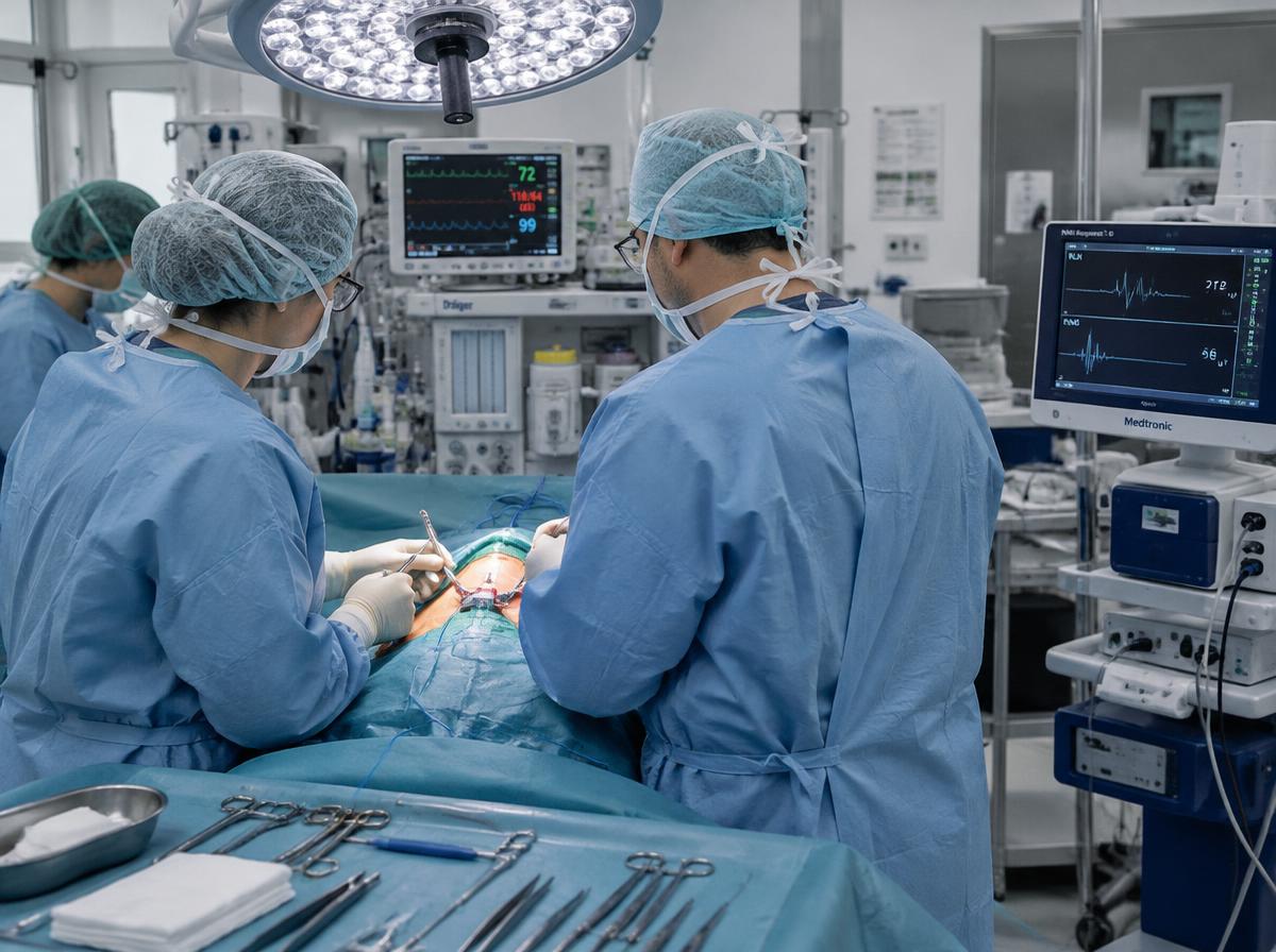 Operationssaal während einer Schilddrüsenoperation: Operierende am Kopfende des Tisches, abgedecktes chirurgisches Feld am Hals, daneben ein Neuromonitoring-Gerät mit Kurvenanzeige