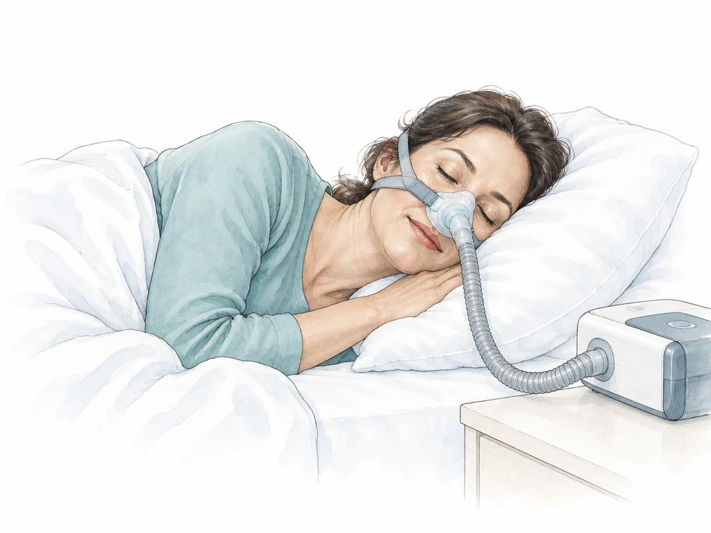 Farbige Zeichnung einer schlafenden Person mit CPAP-Nasenmaske und Atemhilfsgerät