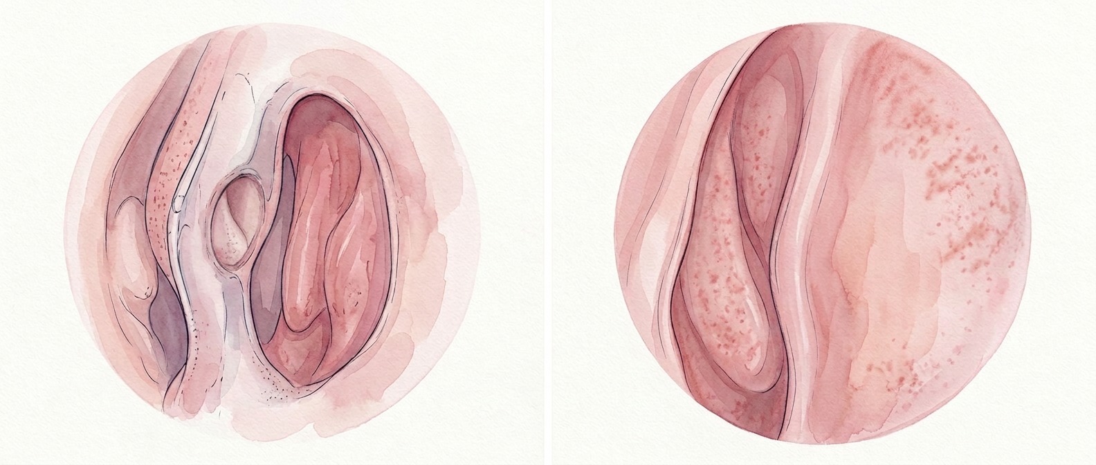 Farbige medizinische Zeichnung zweier endoskopischer Ansichten der Nasenscheidewand: links eine Septumperforation, rechts der Befund nach dem Verschluss