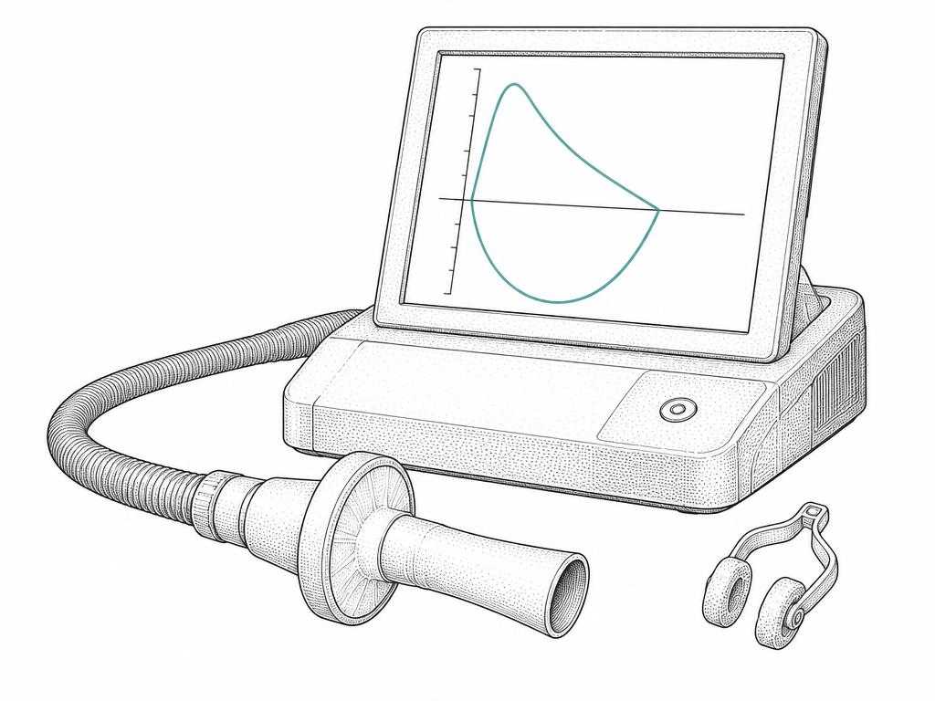Zeichnung: Spirometer mit Monitor und Fluss-Volumen-Kurve, Mundstück mit Filter und Nasenklemme
