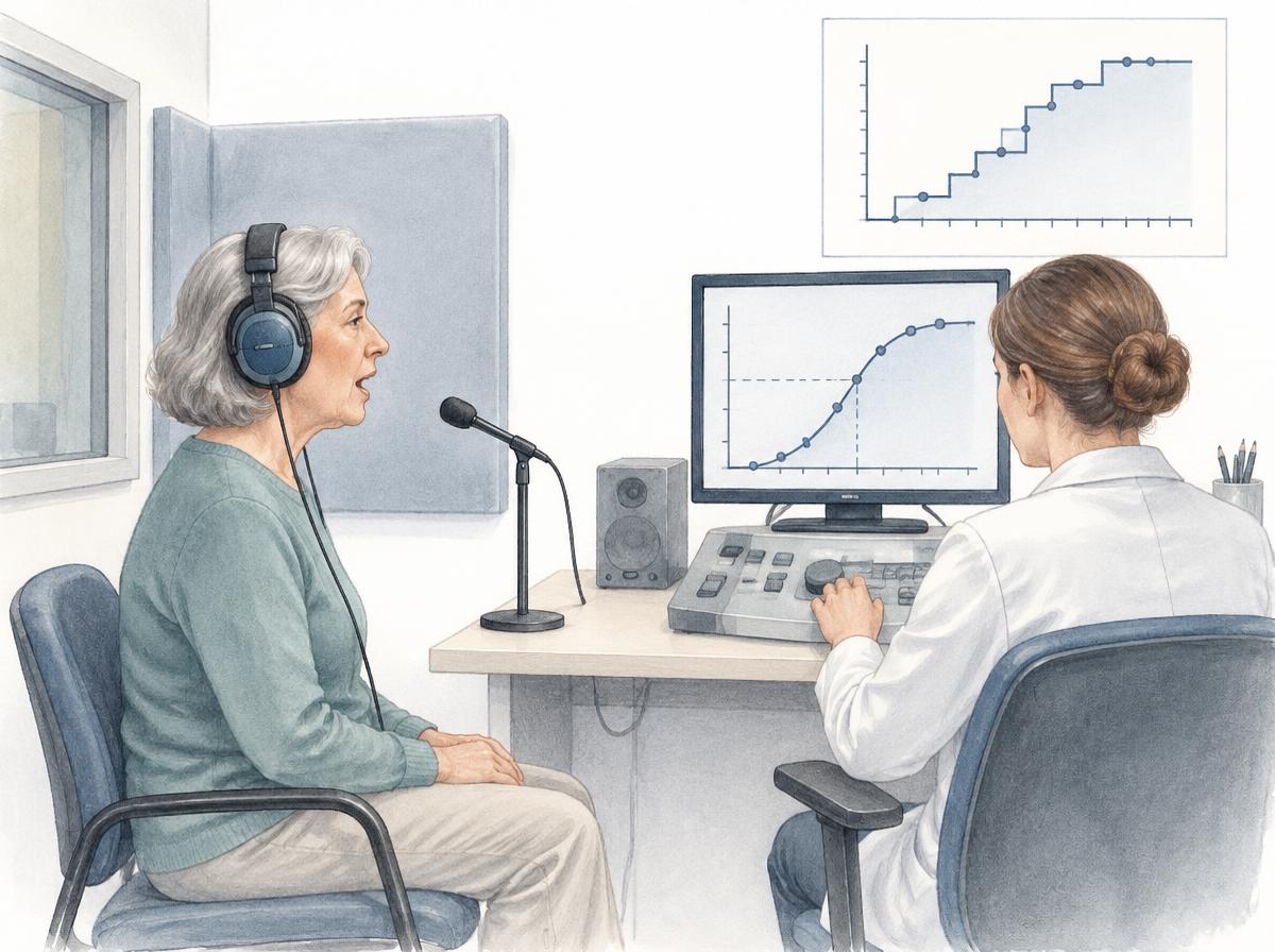 Illustration: a patient wearing headphones repeats a word with a microphone in front of her; beside her a clinician at an audiometer with a monitor showing a rising speech-recognition curve; on the right a schematic rising curve with scale ticks