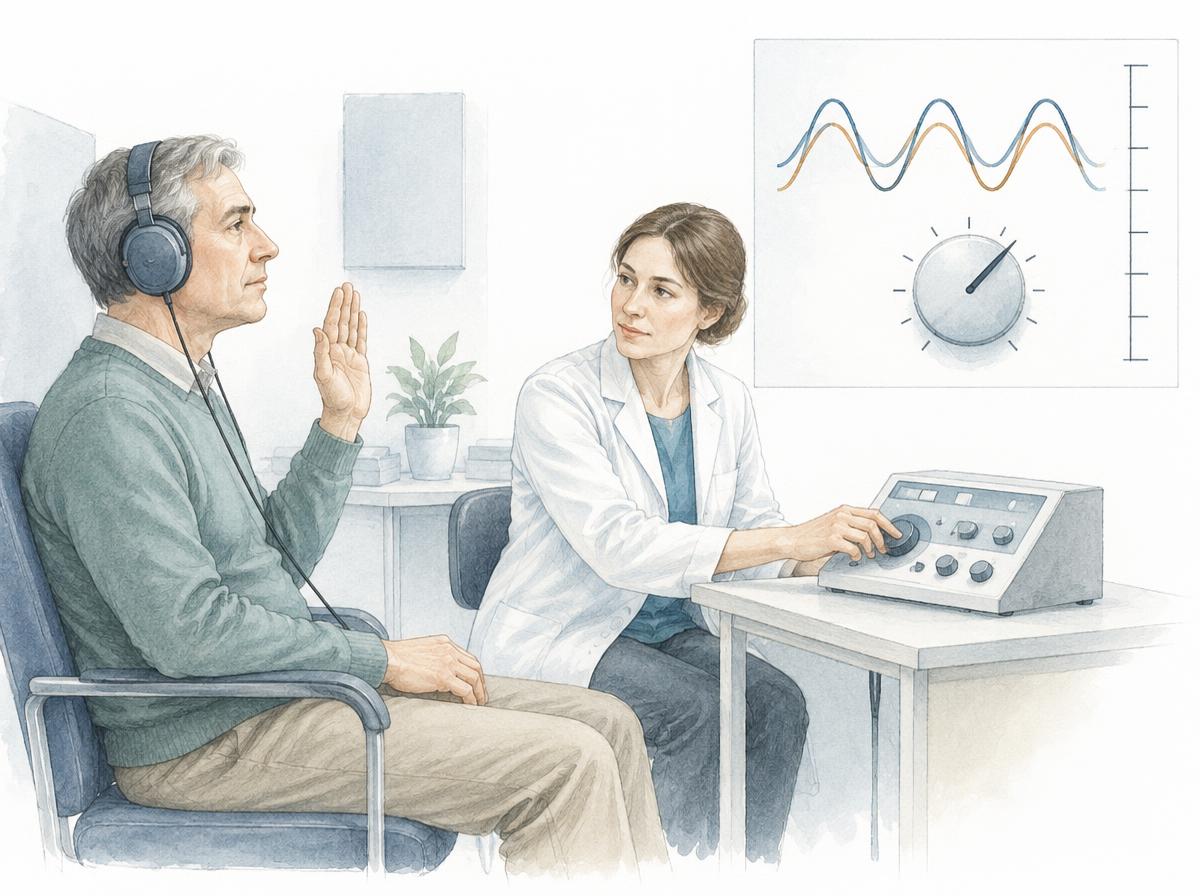 Illustration: a patient wearing headphones raises her hand as soon as she hears a tone; beside her a clinician at a small audiometer; on the right a schematic of two sine waves of different heights being matched, with a dial and a tick-marked scale