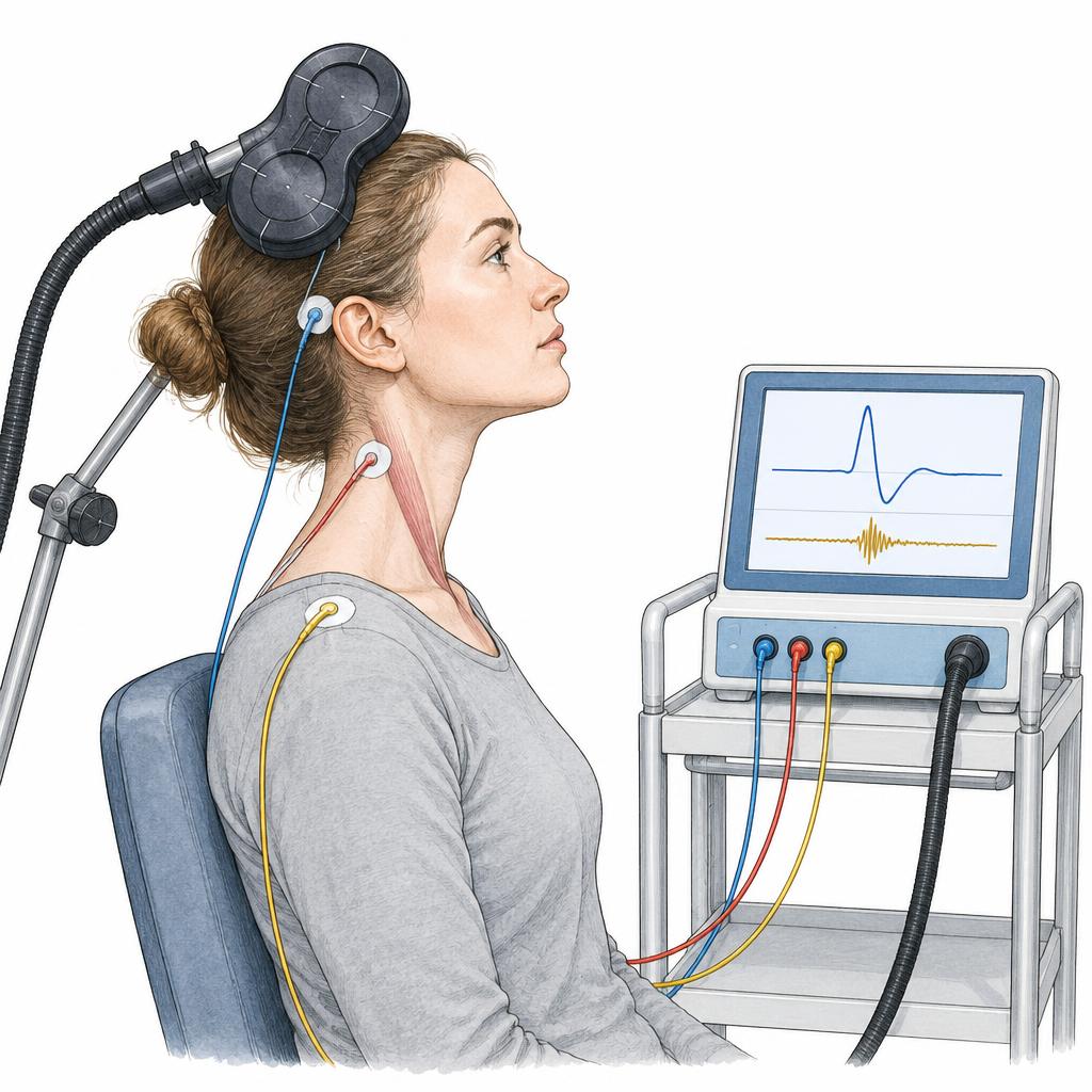 Zeichnung: sitzende Patientin im Profil mit einer TMS-Spule, die auf einem verstellbaren Arm am Hinterkopf hält; Elektroden mit dünnen Kabeln hinter dem Ohr, am Hals und an der Schulter führen zu einem Messgerät mit zwei Kurven