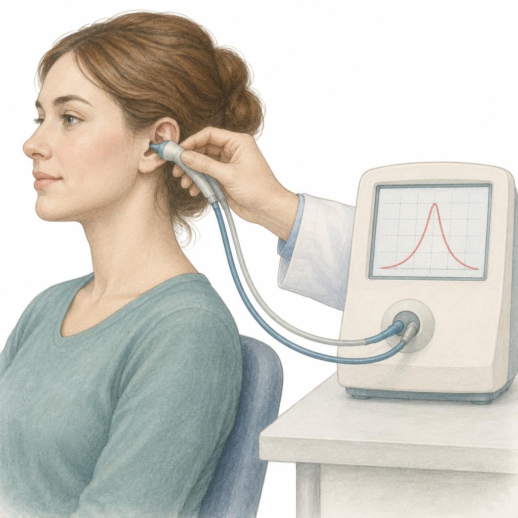 Zeichnung: sitzende Patientin im Profil, in deren Gehörgang eine kleine Sonde eingesetzt ist; über feine Schläuche mit einem Messgerät verbunden, dessen Bildschirm eine glockenförmige Kurve zeigt