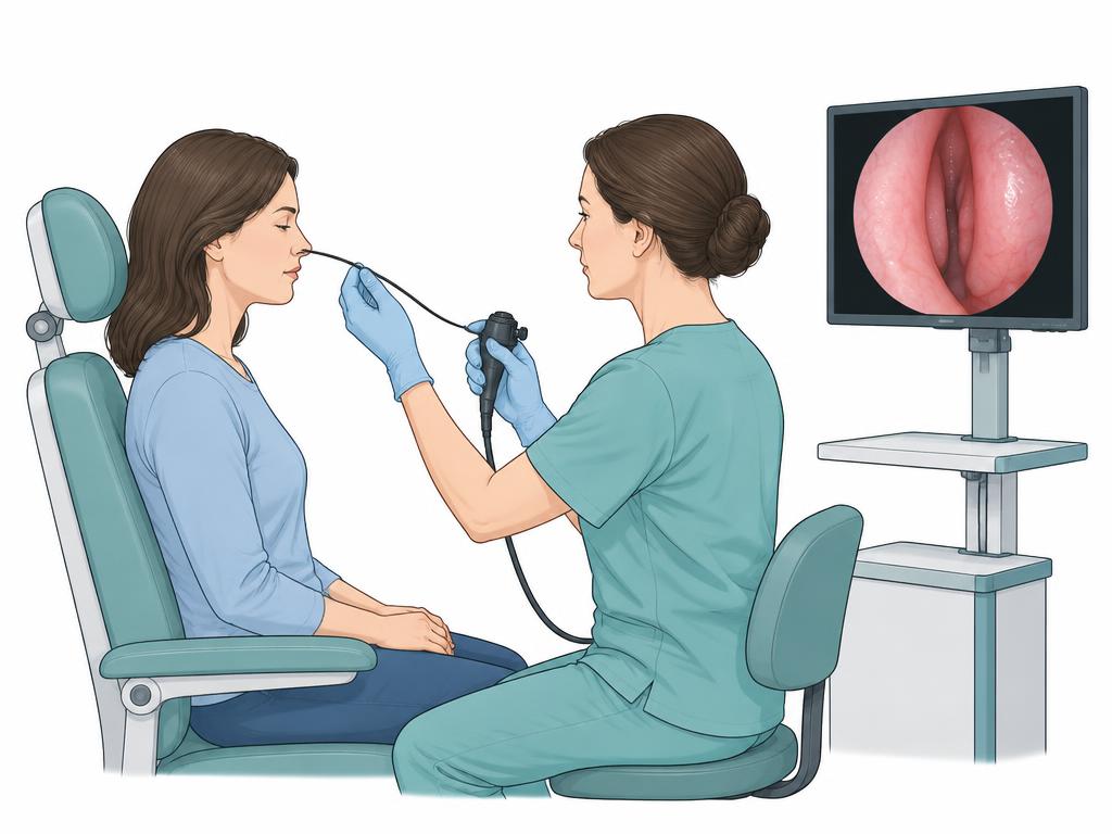 Zeichnung: sitzende Patientin im Profil, eine Behandlerin führt ein dünnes flexibles Endoskop in ein Nasenloch ein; auf dem Monitor daneben ist die vergrößerte Ansicht von Kehlkopf und Stimmbändern zu sehen