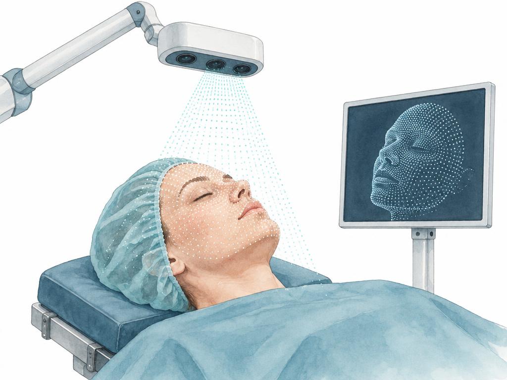 Zeichnung: Kamera auf einem Arm über dem Gesicht einer liegenden Patientin, die ein feines Punktmuster auf die Haut projiziert, daneben ein Monitor mit dem dreidimensionalen Gesichtsmodell
