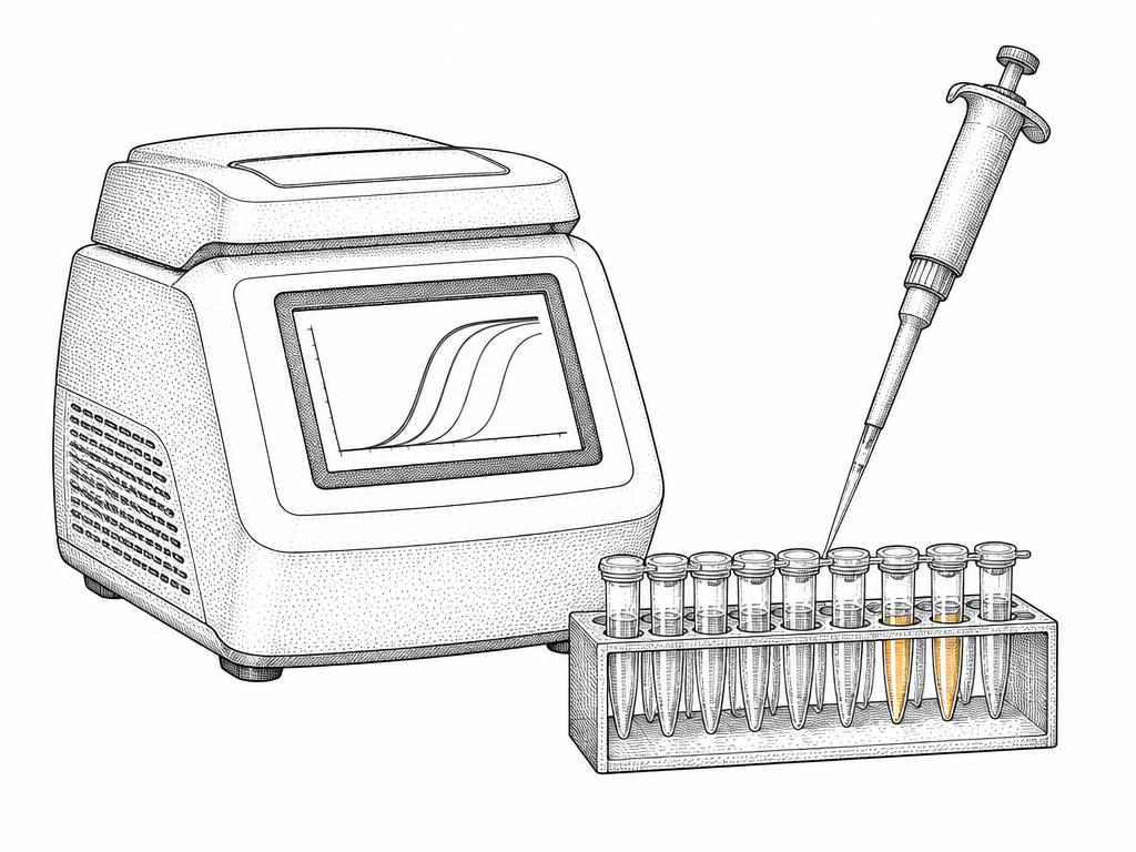 Zeichnung: PCR-Gerät mit Amplifikationskurven auf dem Monitor, Pipette und Röhrchenständer