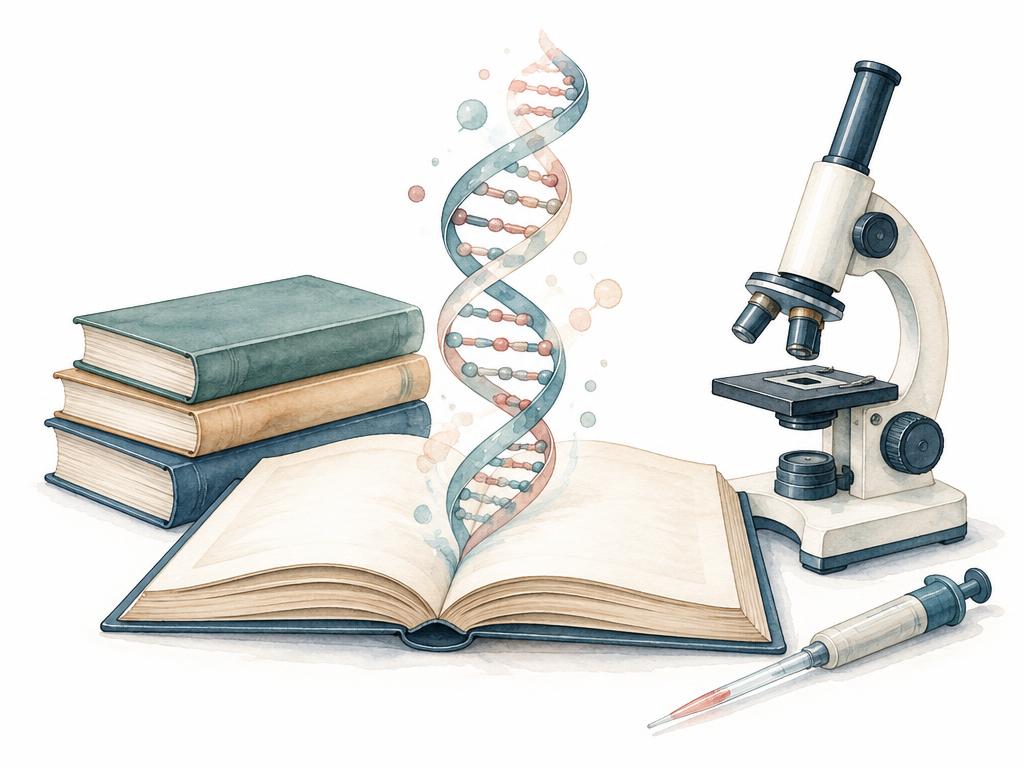 Zeichnung: Aufgeschlagenes Buch mit DNA-Doppelhelix, Mikroskop und Pipette